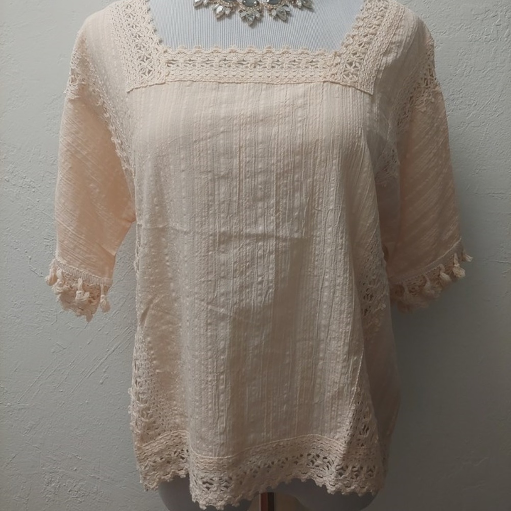 Boho Peach Hummingbird top with Tassel Sleeves